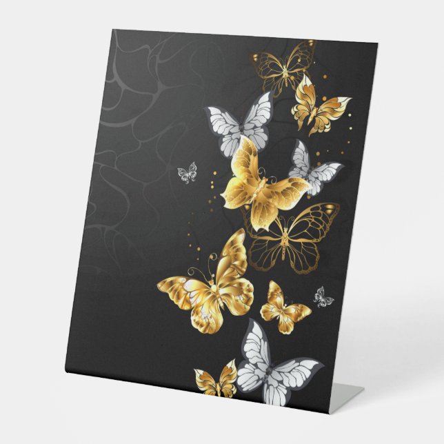 Gold and white butterflies pedestal sign (Front)