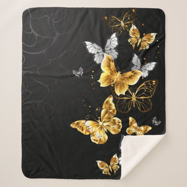 Gold and white butterflies sherpa blanket (Front)