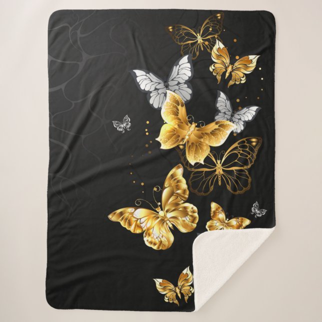 Gold and white butterflies sherpa blanket (Front)