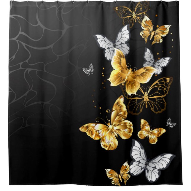 Gold and white butterflies shower curtain (Front)