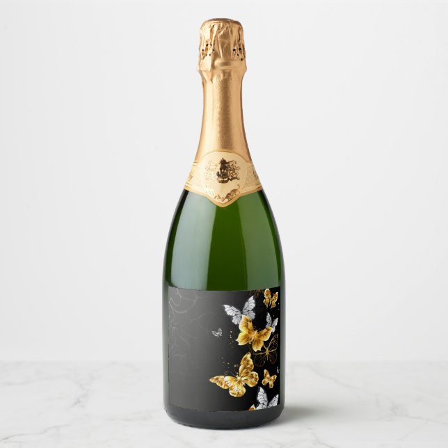 Gold and white butterflies sparkling wine label (Front)