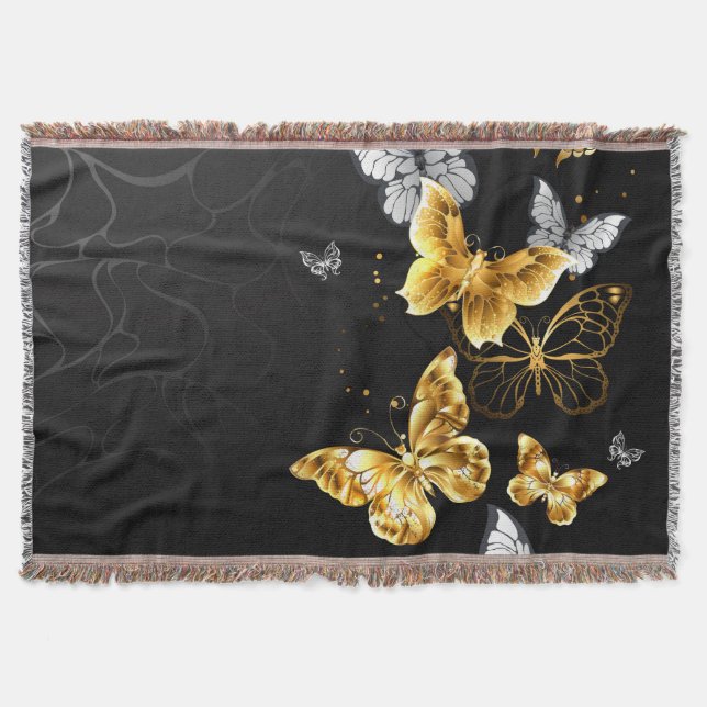 Gold and white butterflies throw blanket (Front)