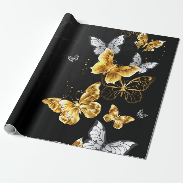 Gold and white butterflies wrapping paper (Unrolled)