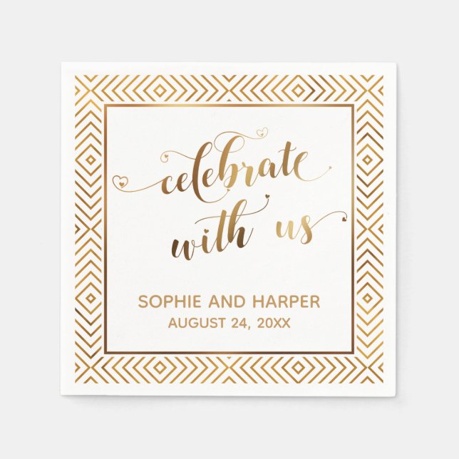 Gold and White Celebrate with Us, Hearts Diamonds Napkin (Front)
