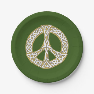 Gold and White Celtic Peace Sign Paper Plate