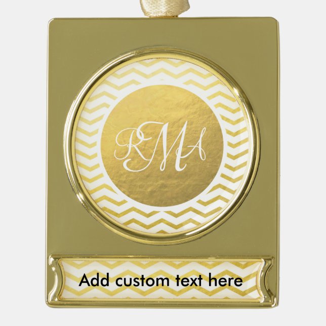 Gold and White Chevron Monogrammed Personalised Gold Plated Banner Ornament (Front)