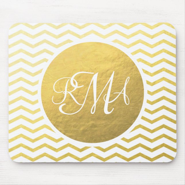 Gold and White Chevron Monogrammed Personalised Mouse Pad (Front)