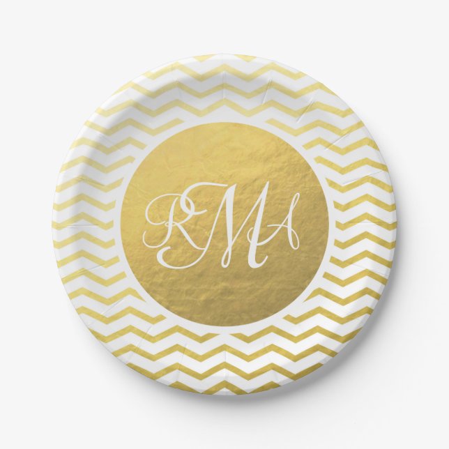 Gold and White Chevron Monogrammed Personalised Paper Plate (Front)