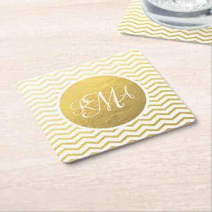 Gold and White Chevron Monogrammed Personalised Square Paper Coaster