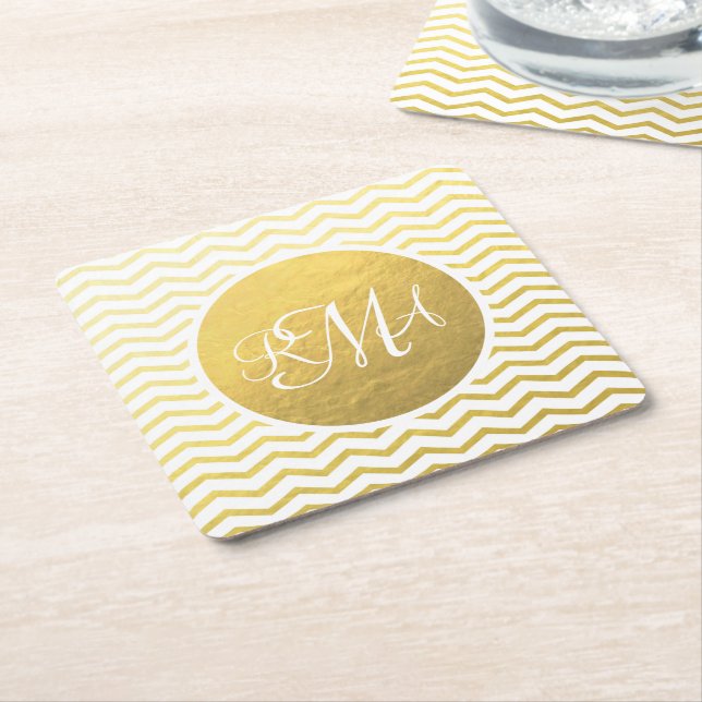 Gold and White Chevron Monogrammed Personalised Square Paper Coaster (Angled)