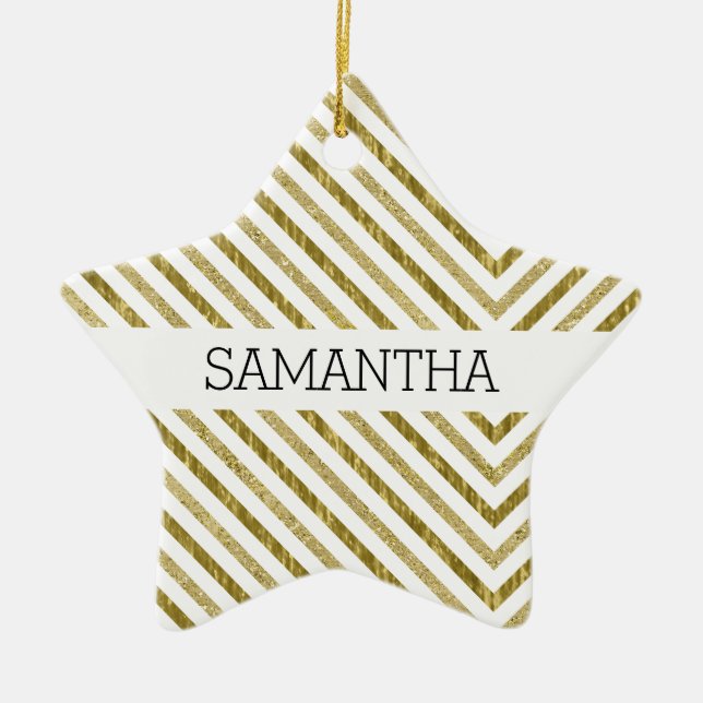 Gold and White Chic Chevron Ceramic Tree Decoration (Front)
