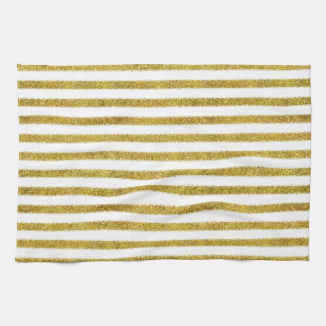 Gold and White Chic Stripes Tea Towel (Horizontal)