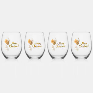 Gold and White Christmas Balls Custom Text Stemless Wine Glass