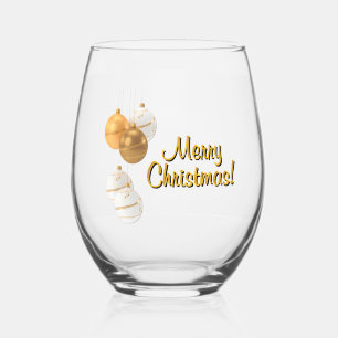 Gold and White Christmas Balls Custom Text Stemless Wine Glass