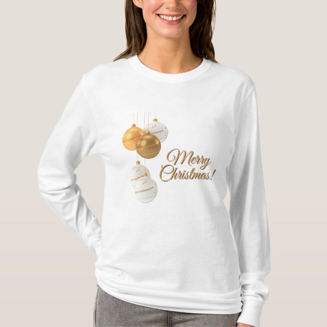 Gold and White Christmas Balls Custom Text T-Shirt (Front)