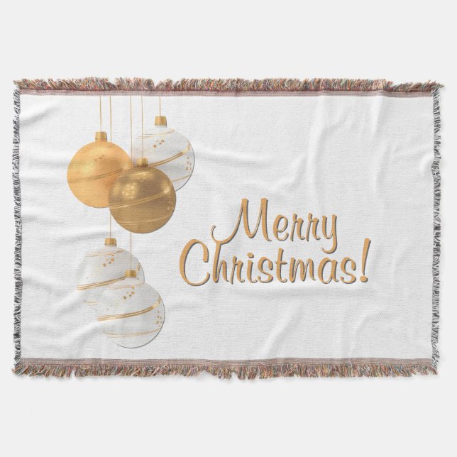 Gold and White Christmas Balls Custom Text Throw Blanket (Front)
