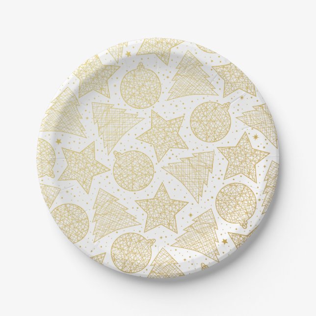 Gold and White Christmas Pattern Paper Plates (Front)