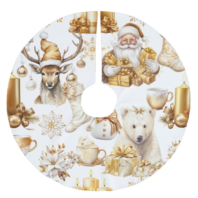 Gold and White Christmas Symbols Brushed Polyester Tree Skirt (Front)