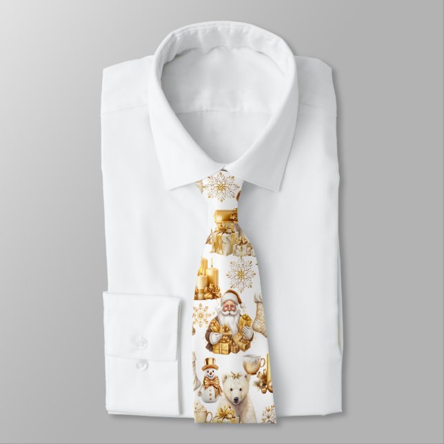 Gold and White Christmas Symbols Tie (Tied)