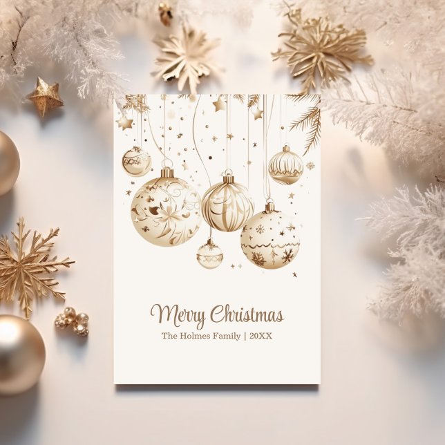 Gold and White Christmas Tree Ball Ornaments Holiday Card (Gold and White Christmas Tree Ball Ornaments Holiday Card on a table with golden Christmas decor.)