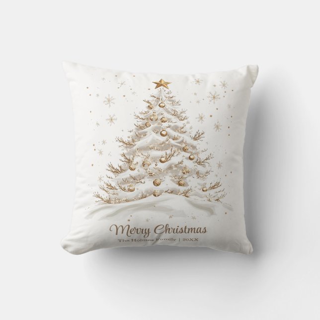 Gold and White Christmas Tree in Snow Cushion (Front)