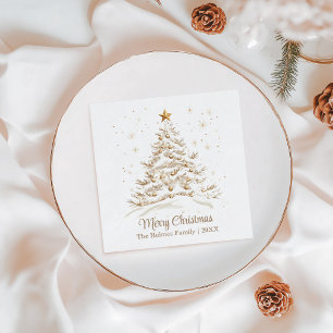 Gold and White Christmas Tree with Family Name Napkin