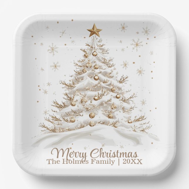 Gold and White Christmas Tree with Family Name Paper Plate (Front)
