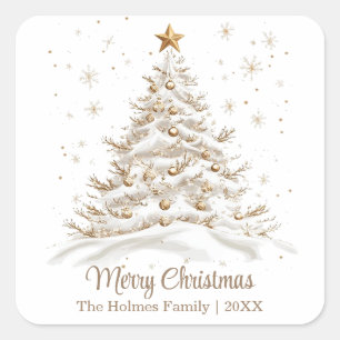 Gold and White Christmas Tree with Family Name Square Sticker