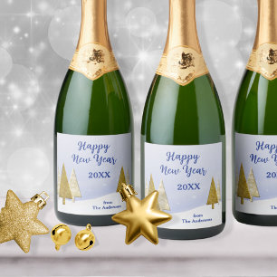 Gold and White Christmas Trees New Year Sparkling Wine Label