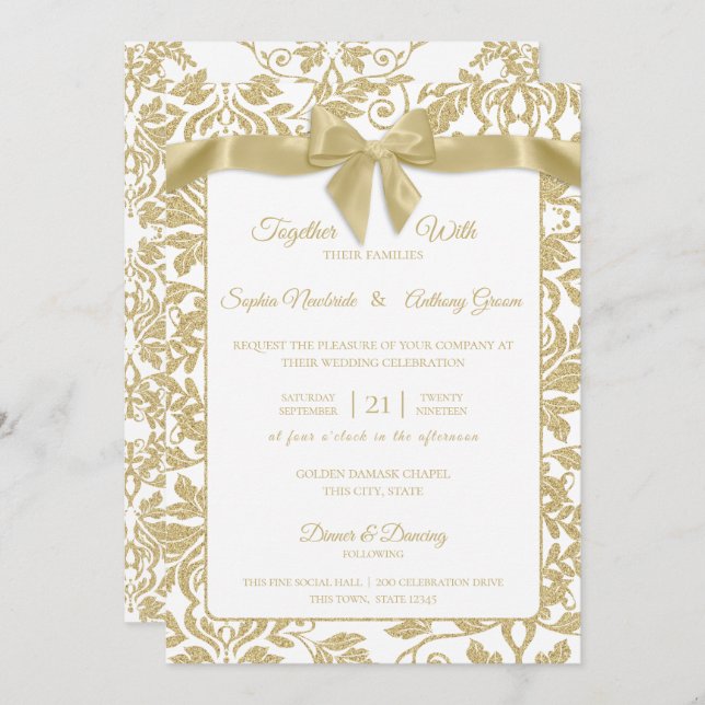 Gold and White Damask and Bow Wedding Invitation (Front/Back)