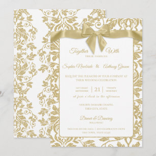 Gold and White Damask and Bow Wedding Invitation