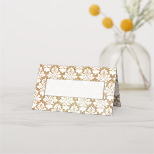 Gold and White Damask Wedding Folded Place Card