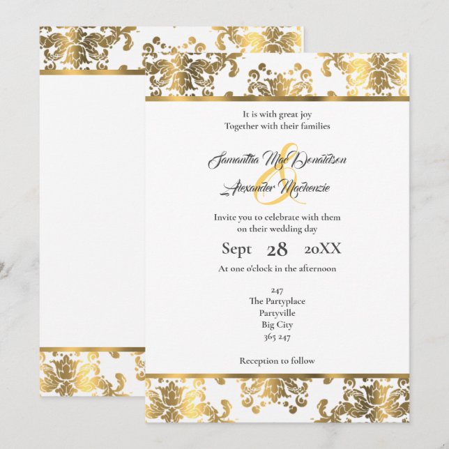 Gold and white damask wedding invitation (Front/Back)