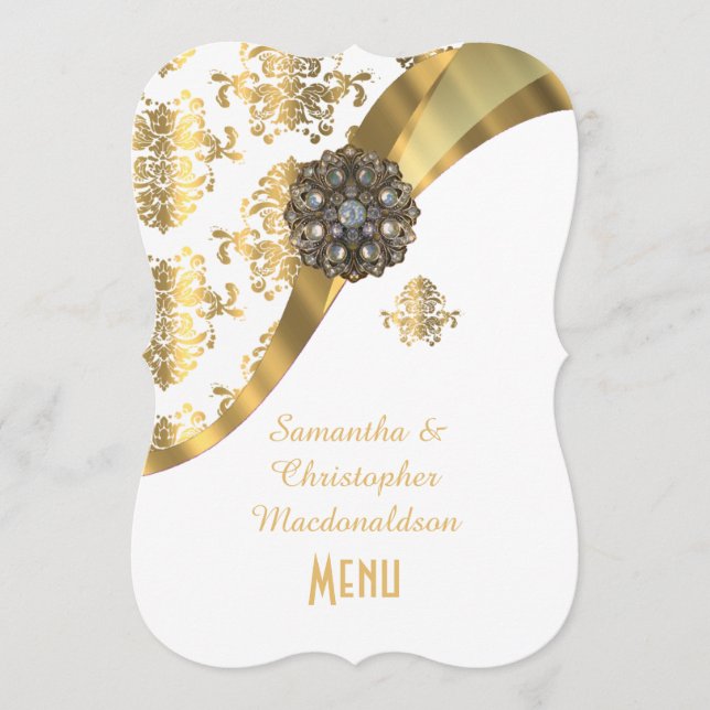Gold and white damask wedding menu (Front)