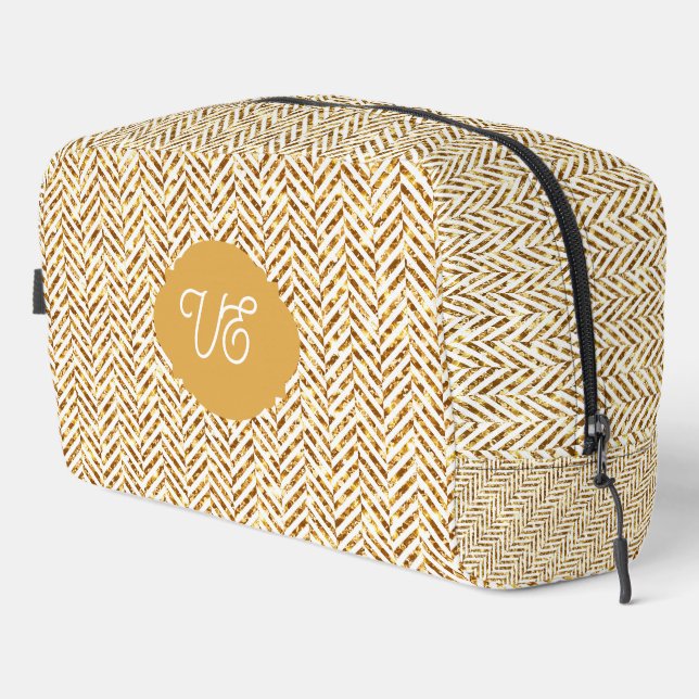 Gold and White Diagonal Stripes Herringbone Dopp Kit (Right Corner)
