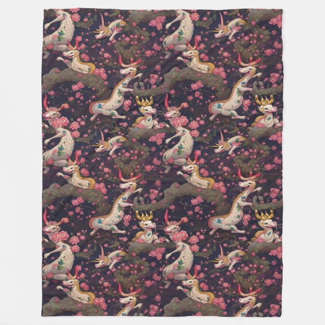 Gold and White Dragons with Cherry Blossoms Fleece Blanket (Front)
