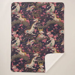 Gold and White Dragons with Cherry Blossoms Sherpa Blanket