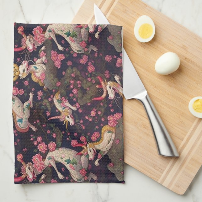 Gold and White Dragons with Cherry Blossoms Tea Towel (Quarter Fold)
