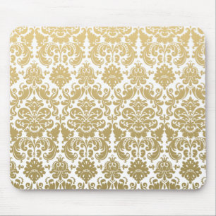 Gold and White Elegant Damask Pattern Mouse Pad