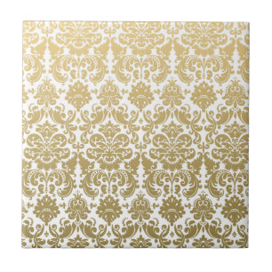Gold and White Elegant Damask Pattern Tile