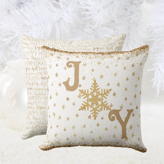 Gold and White, Elegant JOY Christmas Star Cushion (Gold and White, Elegant JOY Christmas Star Throw Pillow)