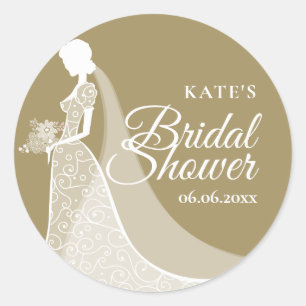 Gold and White Elegant Lace Gown Bridal Shower Classic Round Sticker