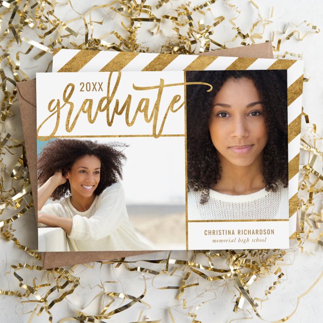Gold and White Faux Foil 2 Photo Graduation Announcement (Creator Uploaded)