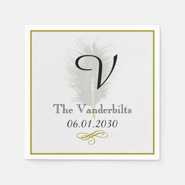 Gold and White Feather Monogram Wedding Napkin (Front)