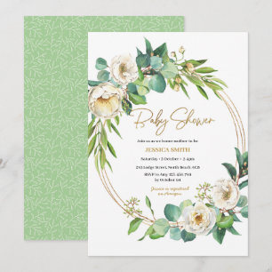 Gold and White floral Baby Shower Invitation