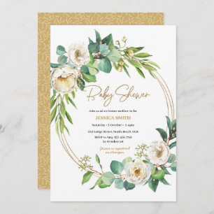 Gold and White floral Baby Shower Invitation