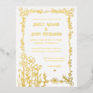 Gold and White Floral Hand Drawn Wedding Foil Invitation Postcard
