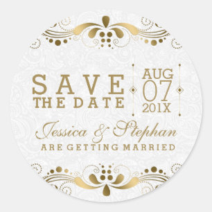 Gold And White Floral Lace Save The Date Classic Round Sticker