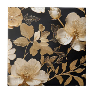 Gold And White Floral Pattern On Black Tile