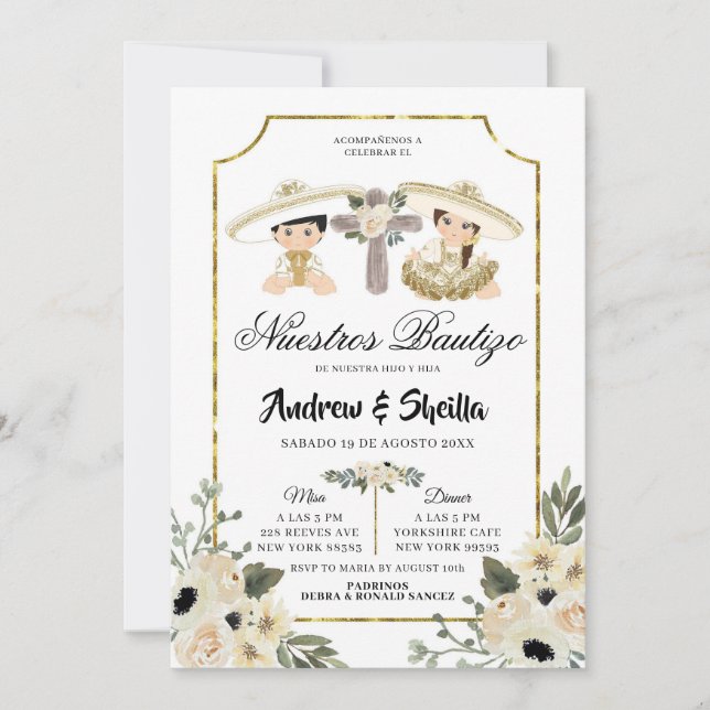 Gold and White Floral Twin Boy Girl Bautizo Invitation (Front)